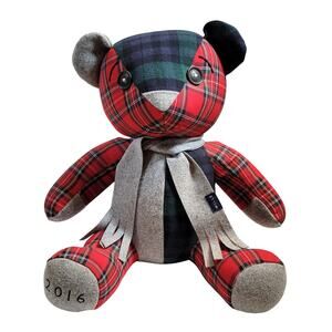 Jack Wills 2016 Patchwork Plaid Bear 12" Stuffed Animal Button Eyes Scarf